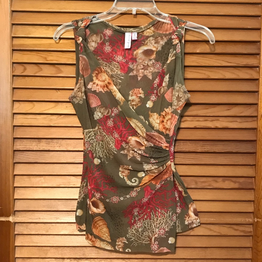 Sweet Pea shell, seahorse, coral print shirt